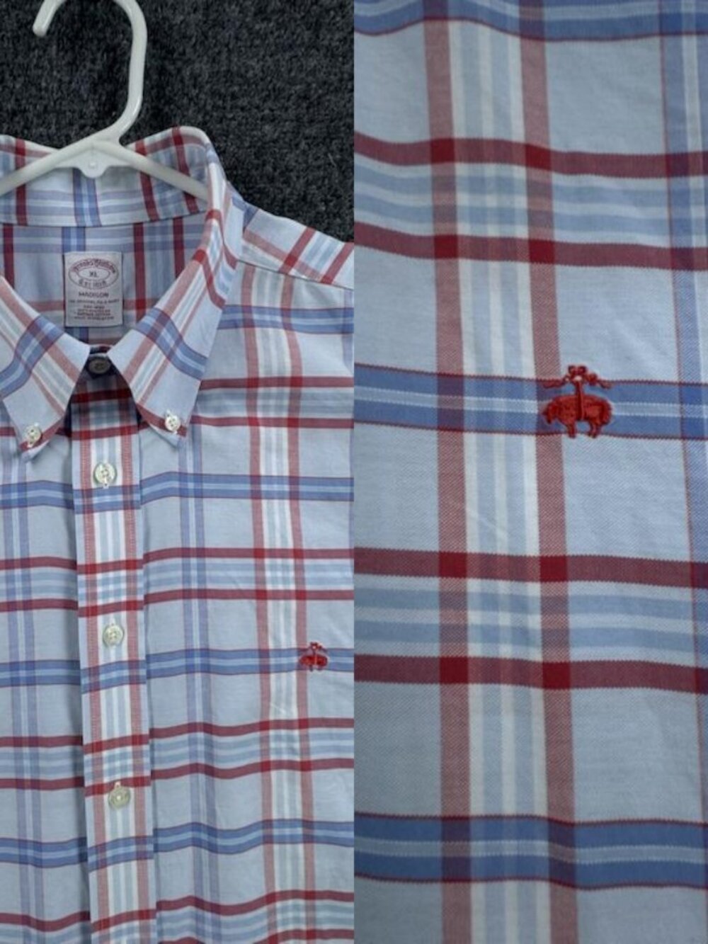 Brooks Brothers OCBD Supima Men XL Button-Down Non-Iron Logo Plaid Blue Red